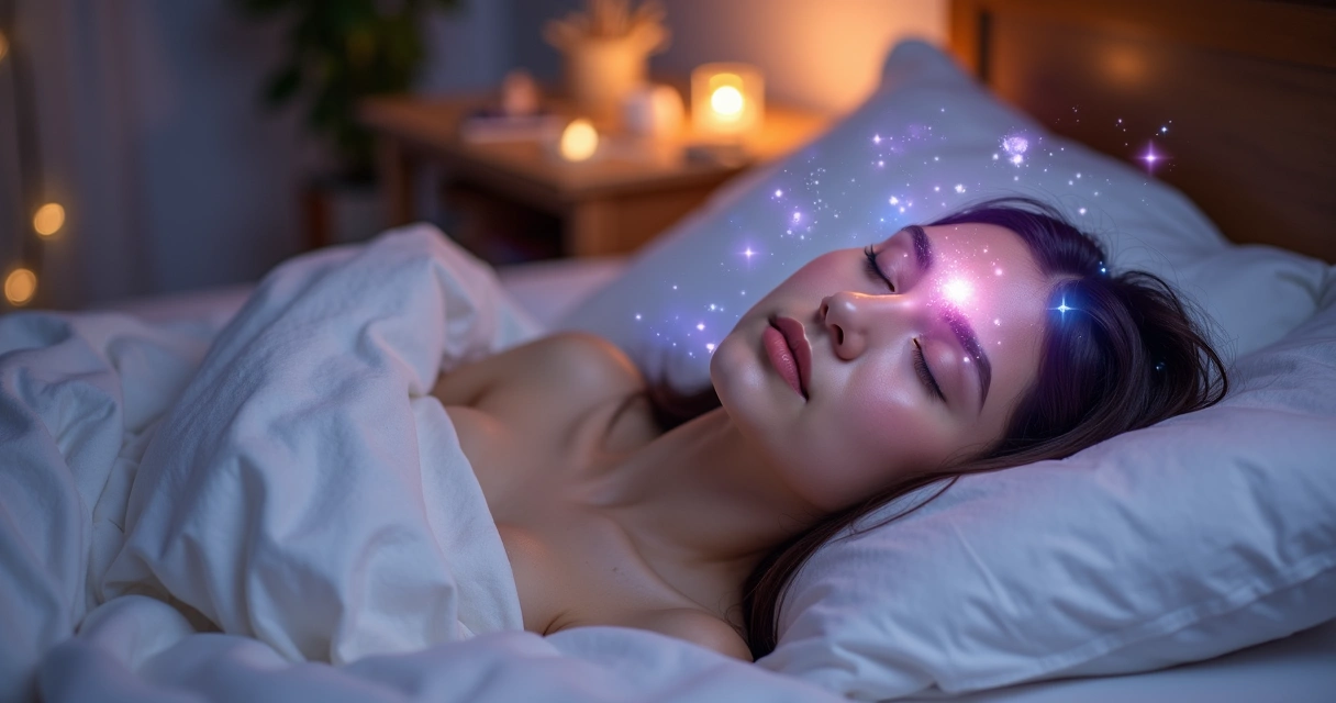 Mulher deitada dormindo com expressão serena e imagens suaves de sonhos ao redor