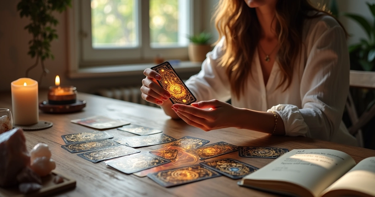 Mulher sentada à mesa com cartas de tarot espalhadas, segurando uma carta iluminada para criar afirmações poderosas