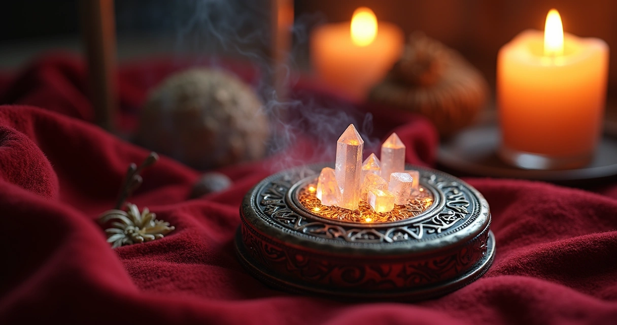 Objeto de poder consagrado sobre um tecido de veludo vermelho com velas acesas ao fundo