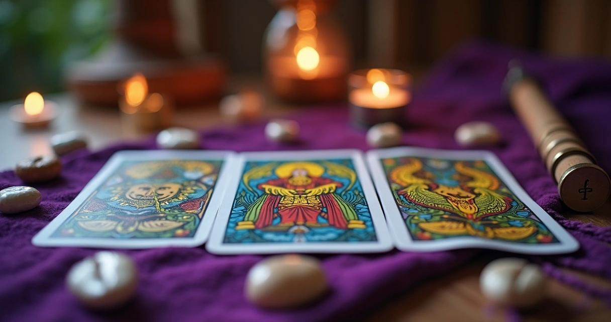 Mesa com três oráculos dispostos: cartas de tarot abertas, búzios espalhados e um pêndulo sobre tecido roxo