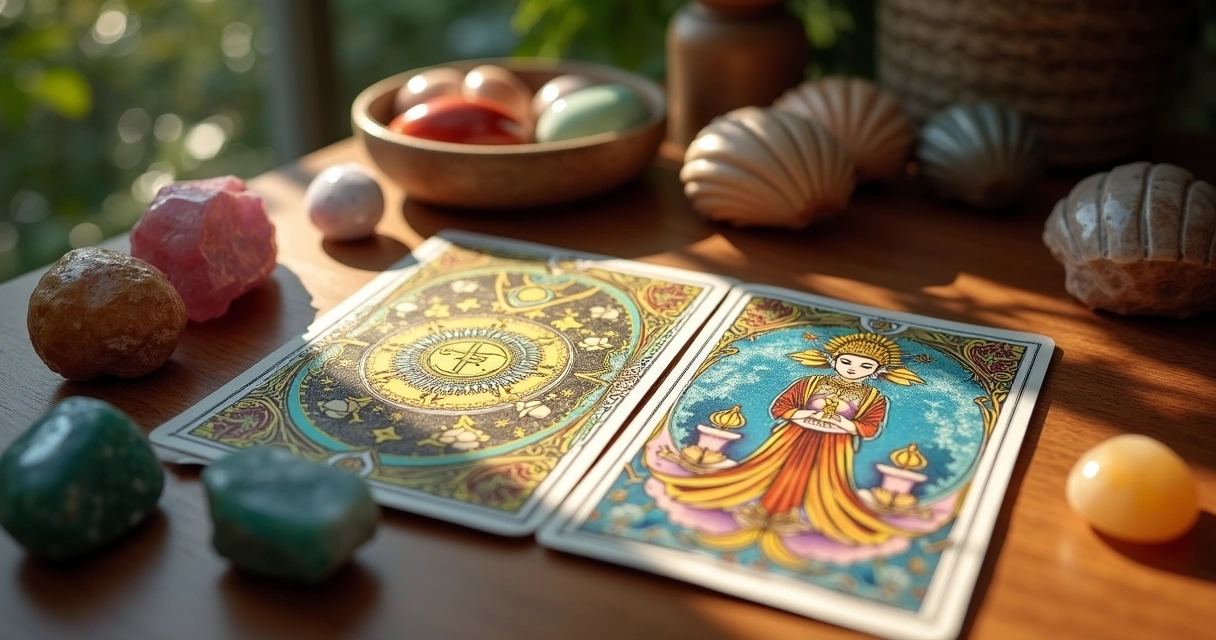 Oráculos diversos sobre uma mesa de madeira clara, com cartas de tarot abertas, búzios ao lado e cristais coloridos ao redor, iluminados por luz natural suave