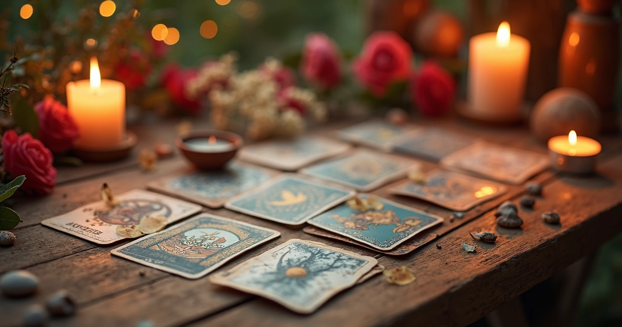 Painel de visualização cigano colorido com cartas de tarot, búzios, velas acesas e flores dispostas sobre uma mesa de madeira rústica