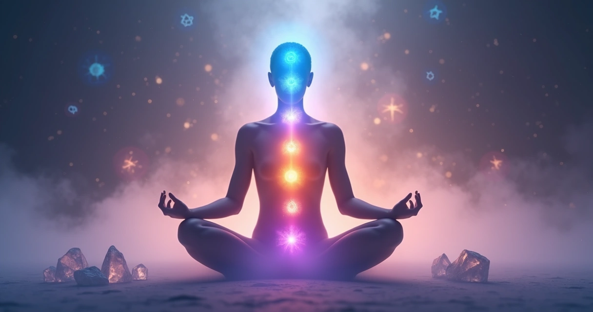 Mãos emitindo energia sobre chakras alinhados representados por pontos coloridos vibrantes ao longo do corpo humano iluminado