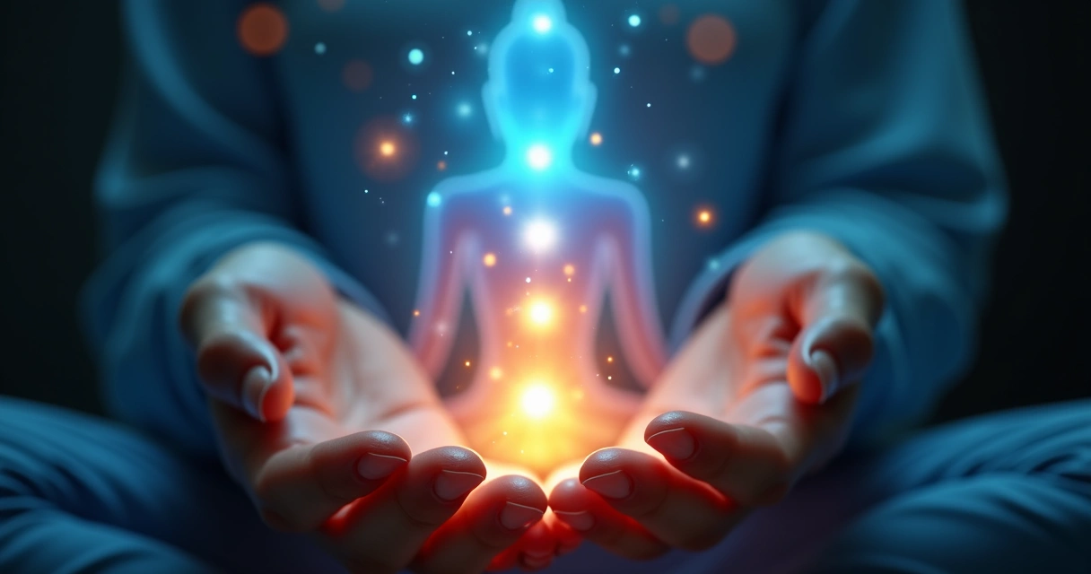 Mãos femininas emitindo energia luminosa azul sobre uma silhueta humana com aura colorida e chakras alinhados