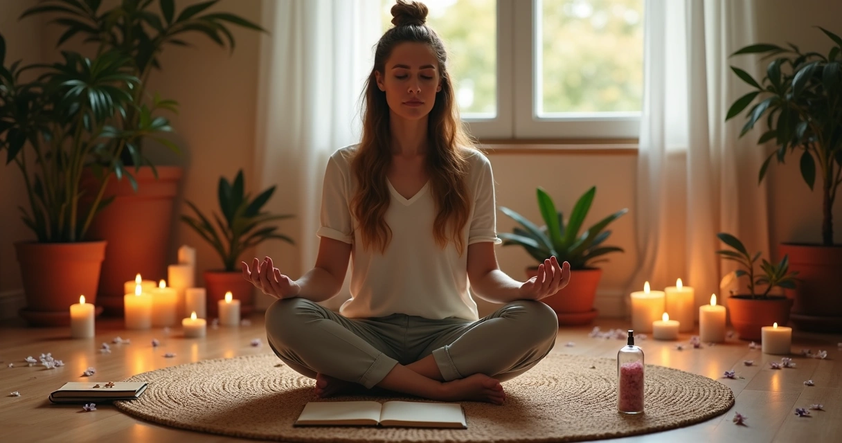 Mulher sentada em meditação em ambiente tranquilo com velas acesas e cristais ao redor