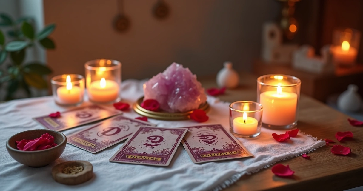 Mesa esotérica com velas acesas, cristais, cartas de tarot e flores vermelhas sobre tecido branco