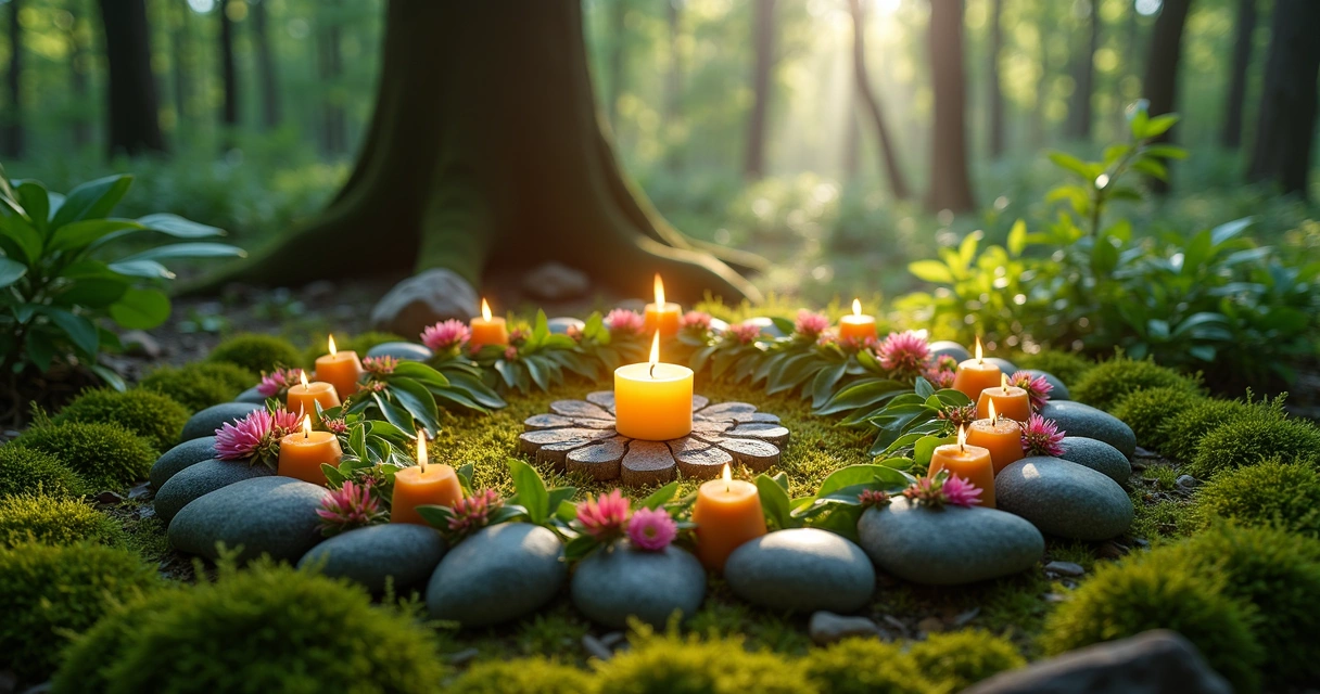 Ritual de ecoespiritualidade em ambiente natural com velas, plantas e pedras dispostas em círculo sobre a terra coberta de folhas verdes