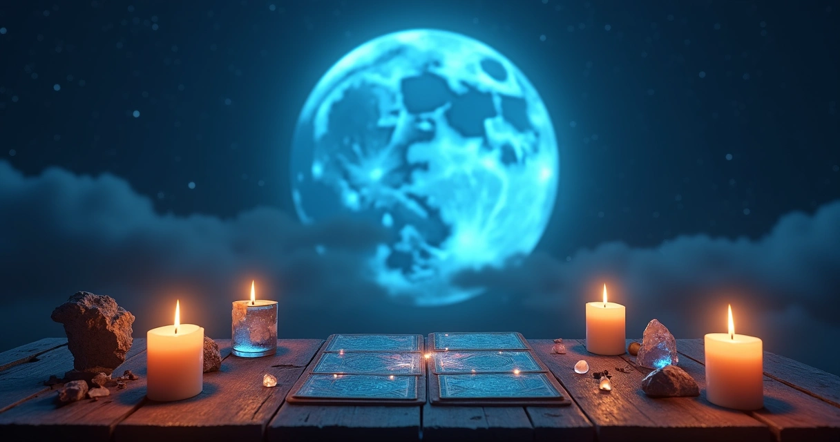 Mesa de madeira com velas acesas, cristais e cartas de tarot sob a luz de uma lua azul brilhante no céu noturno