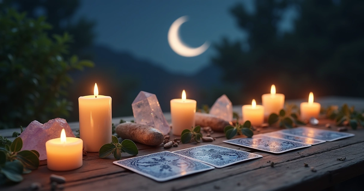 Altar com velas acesas, cristais, plantas e cartas de tarot sob luz suave da lua nova