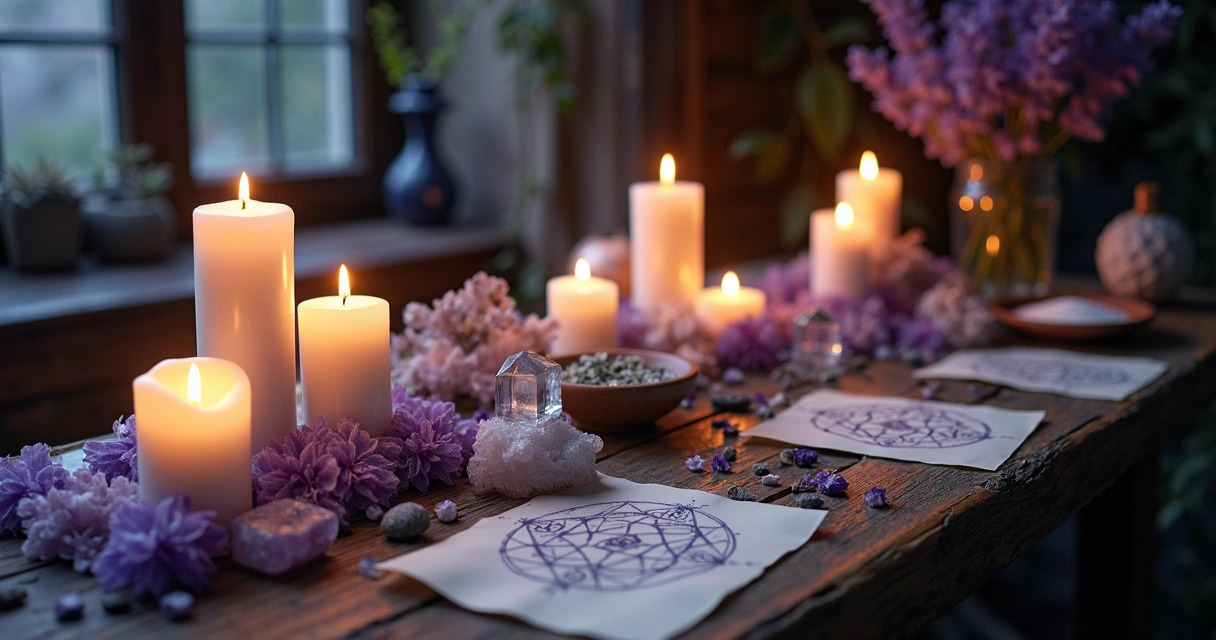 Altar de ritual de lua nova com velas acesas, cristais, flores frescas e símbolos espirituais em mesa de madeira