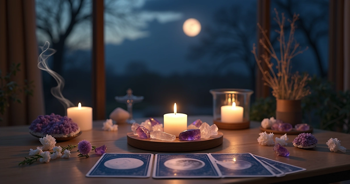 Mesa com vela acesa, cristais, flores e cartas de tarot em ambiente com luz suave e lua nova ao fundo