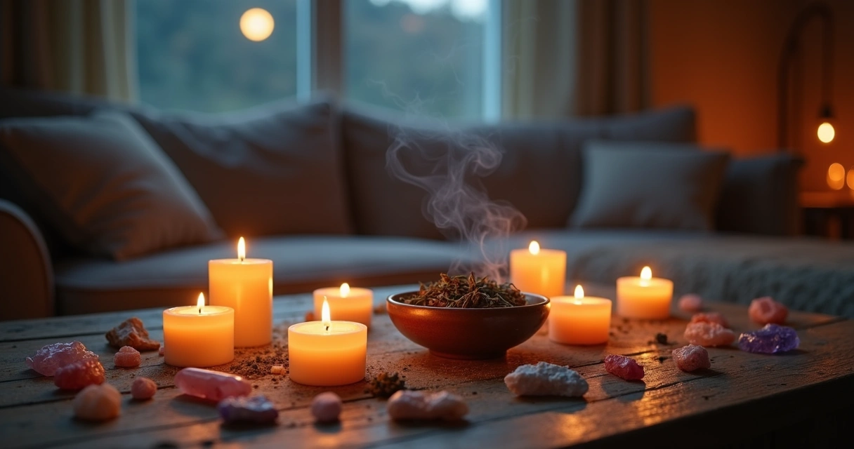 Mesa com velas acesas, cristais, recipiente com ervas e incenso em ambiente escuro e relaxante