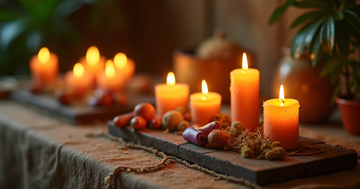 Mesa com velas acesas, moedas douradas e elementos naturais para ritual de prosperidade