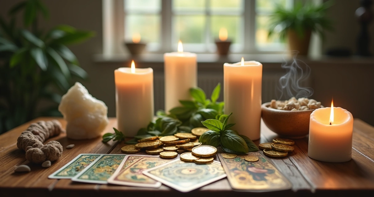 Mesa com elementos para simpatia financeira, com velas acesas, moedas douradas, ervas e cartas de tarot dispostas em ambiente iluminado e espiritual