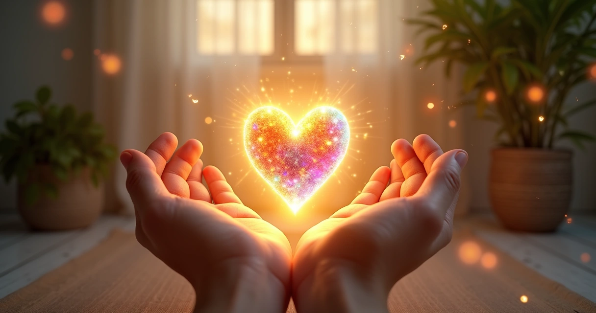 Mãos canalizando energia luminosa dourada sobre um coração brilhante flutuante rodeado de chakras coloridos num ambiente tranquilo e iluminado