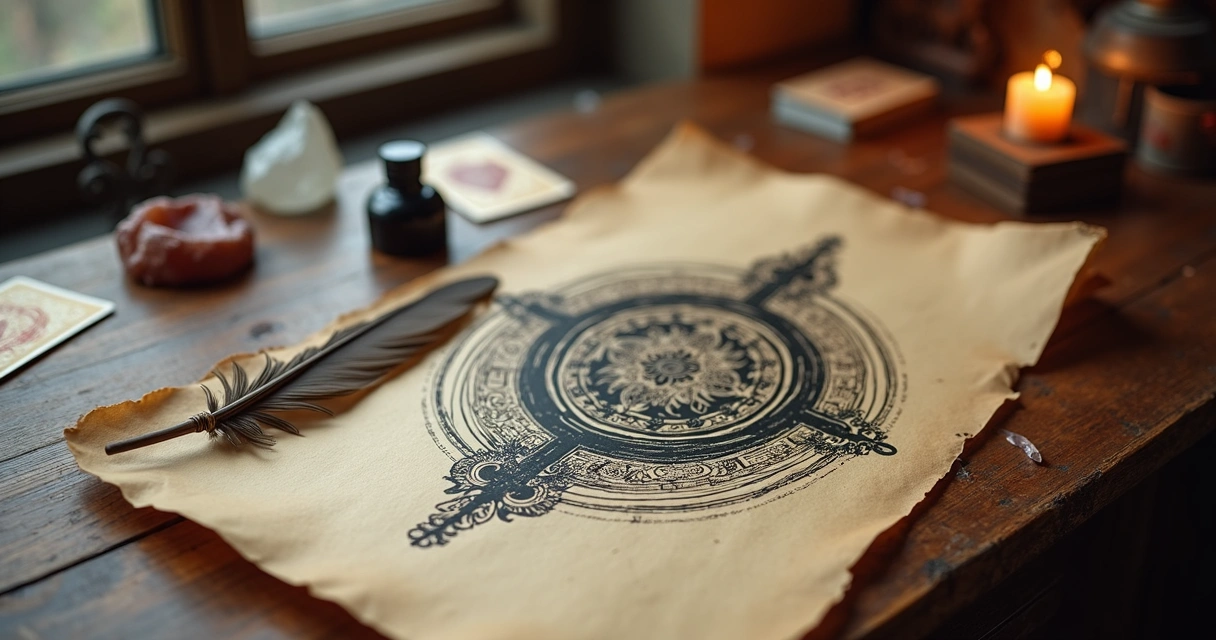 Cartas com símbolos e um sigilo desenhado em papel antigo com tinta preta