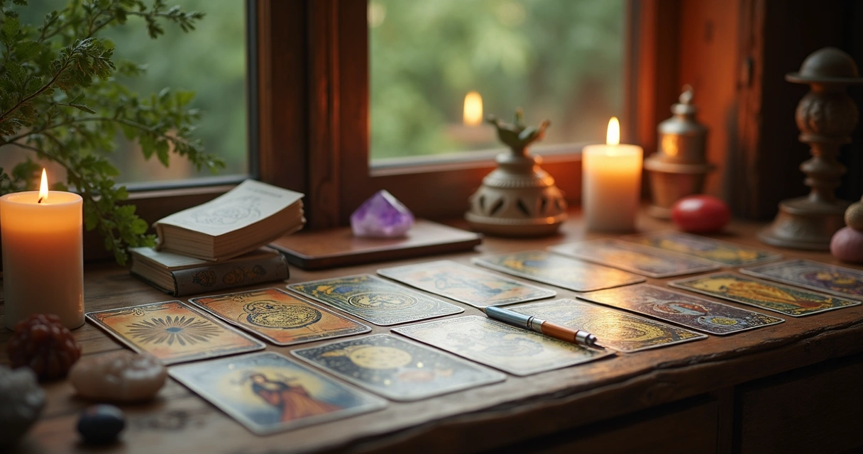 Tabuleiro de tarot com cartas dispostas sobre mesa de madeira, com elementos místicos ao redor, iluminados por luz suave e clima espiritual