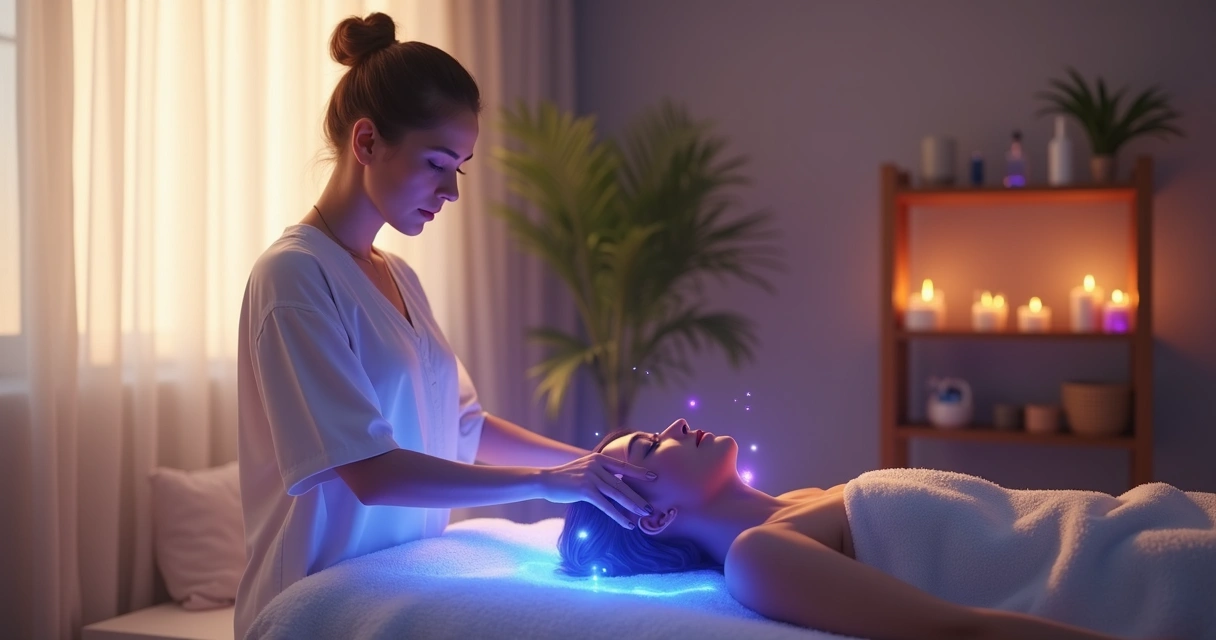Terapeuta fazendo reiki em paciente com luz suave azul e lilás ao redor das mãos
