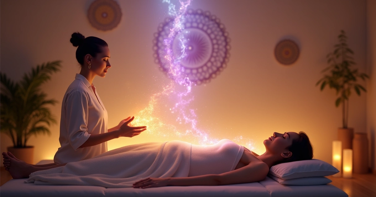 Terapeuta transmitindo energia de reiki à distância com mãos abertas e luzes brilhantes conectando a um receptor relaxado em ambiente calmo