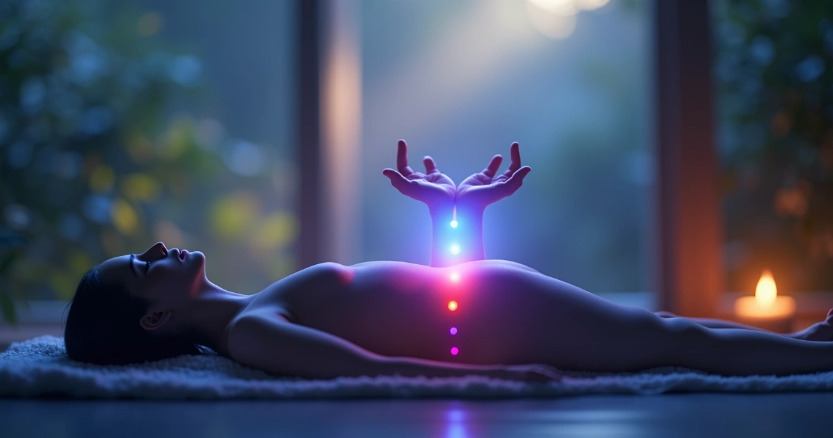 Mãos canalizando energia luminosa sobre chakras alinhados no corpo humano