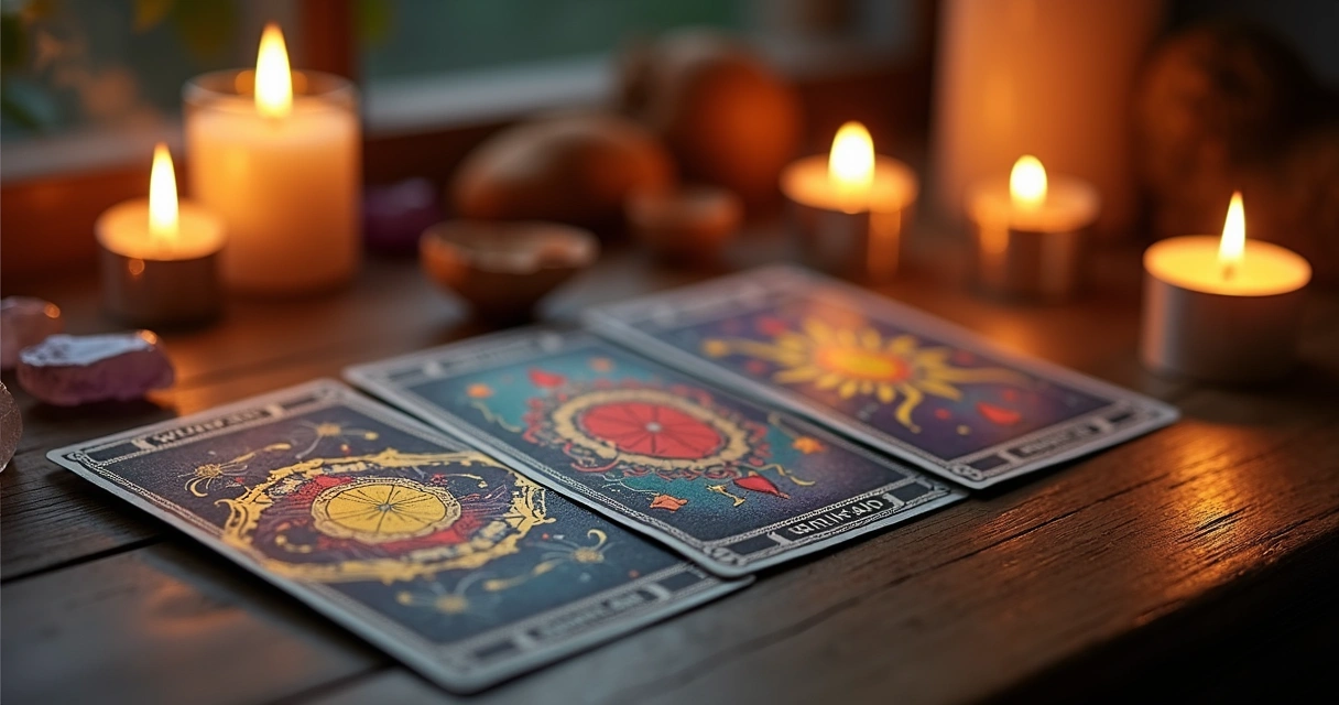 Mesa com três cartas do baralho cigano dispostas, velas acesas e cristais ao redor para consulta espiritual