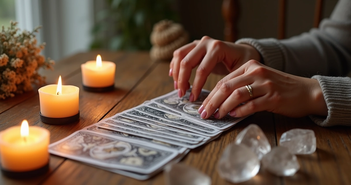 Mão feminina embaralhando cartas do Baralho Cigano sobre mesa com velas e cristais