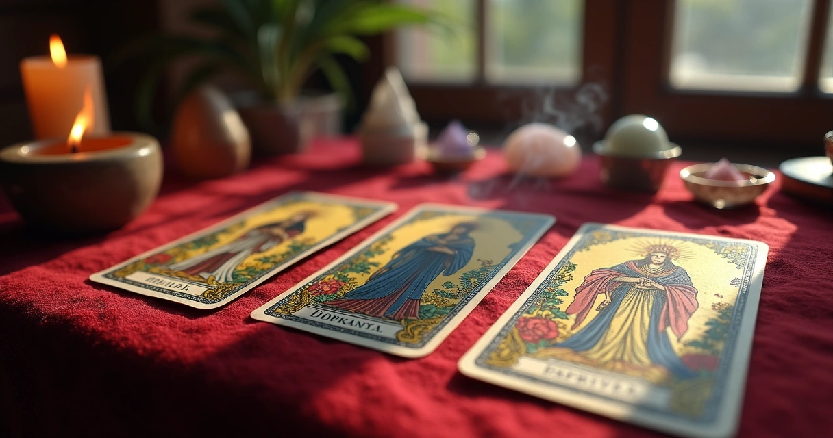 Mesa com cartas do Tarot de Marselha dispostas em tiragem de três cartas sobre tecido vermelho