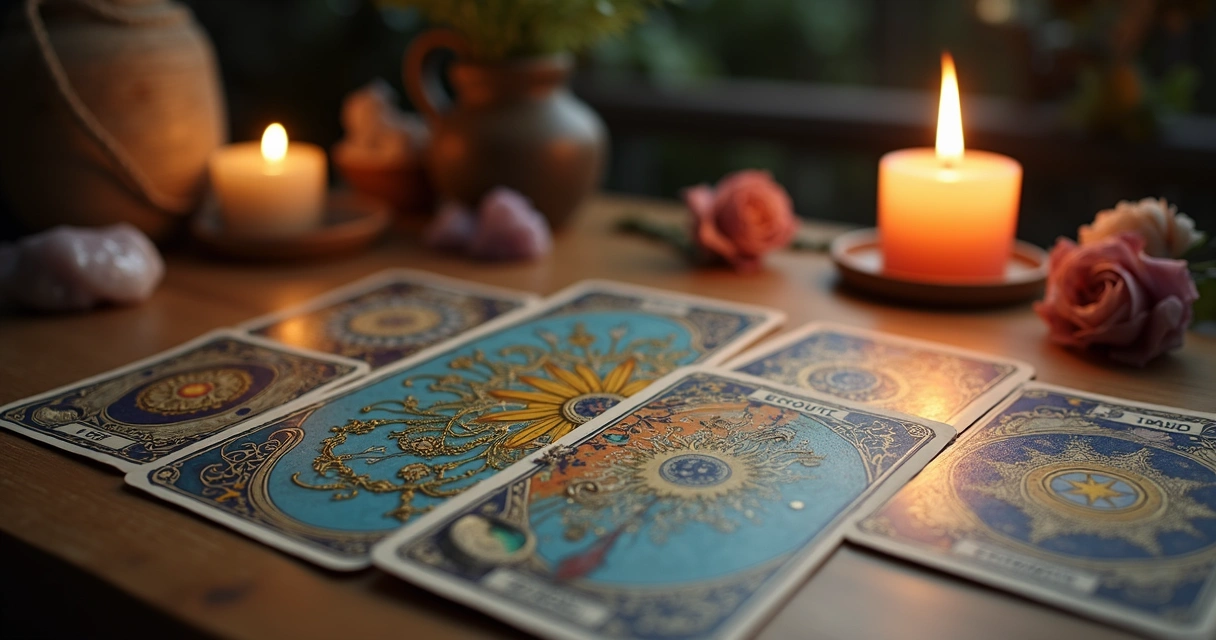 Mesa de madeira com cartas de tarot dispostas em tiragem rápida, vela acesa ao lado e fundo desfocado com elementos espirituais