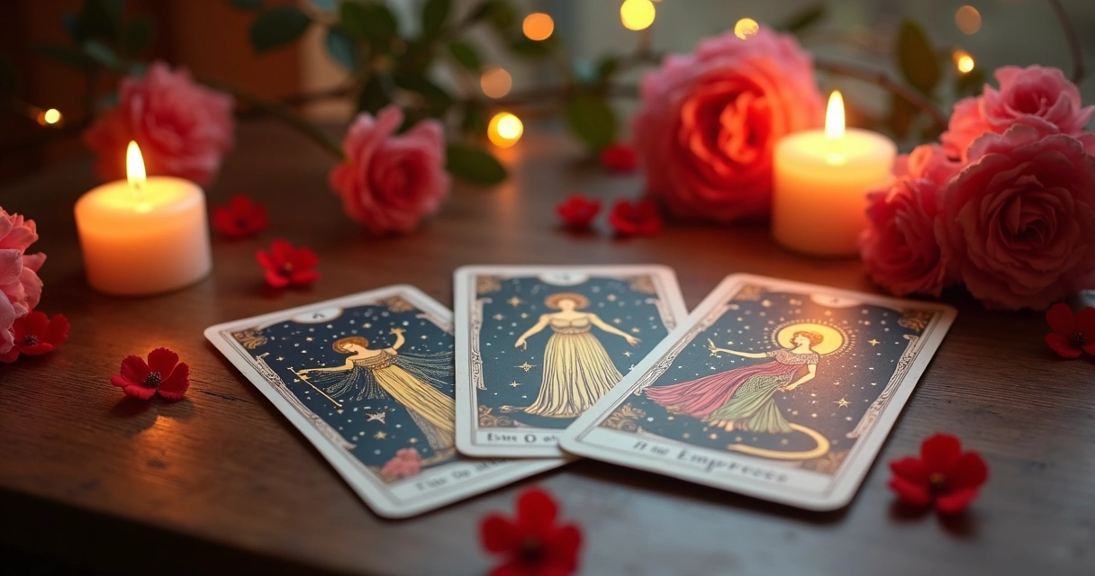 Mesa com três cartas de tarot abertas mostrando arcanos maiores, ambiente suave com velas acesas e flores vermelhas ao redor