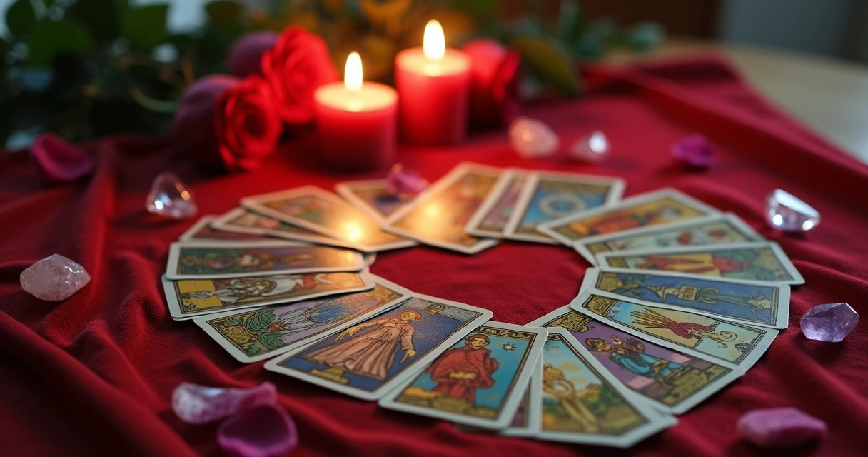 Mesa com cartas de tarot dispostas em formato de coração sobre tecido vermelho