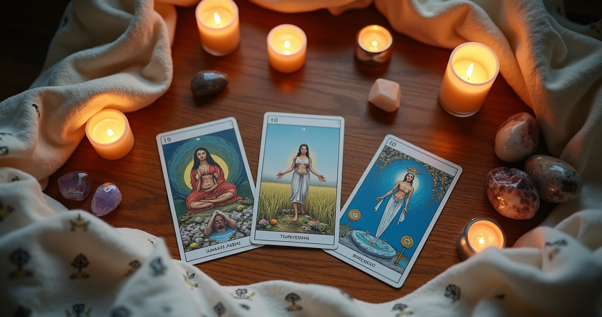 Mesa de madeira com cartas de tarot dispostas para tiragem de autocuidado, velas acesas e cristais ao redor