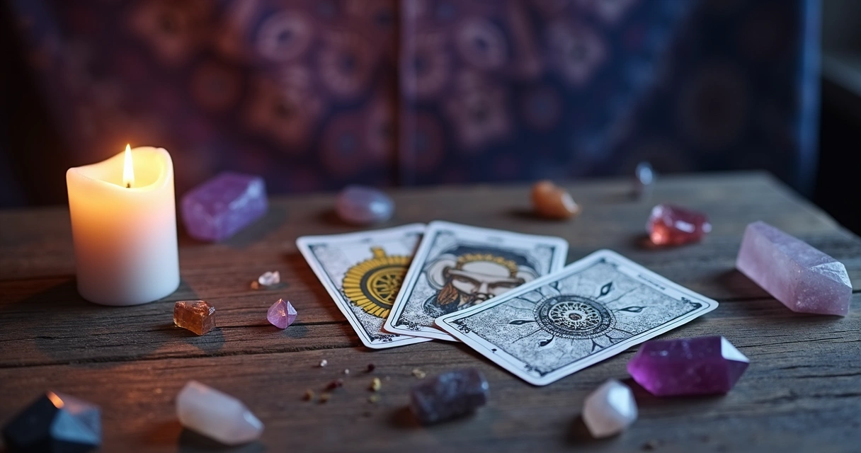 Mesa de madeira com três cartas de tarot dispostas em leque, vela acesa e cristais ao redor