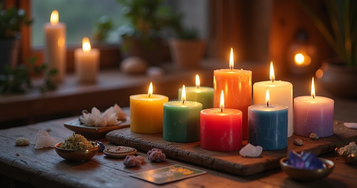 Velas coloridas acesas dispostas sobre mesa com elementos místicos e ambiente iluminado