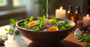 Pessoa preparando banho energético com folhas, flores e ervas em uma bacia de cerâmica sobre uma mesa de madeira