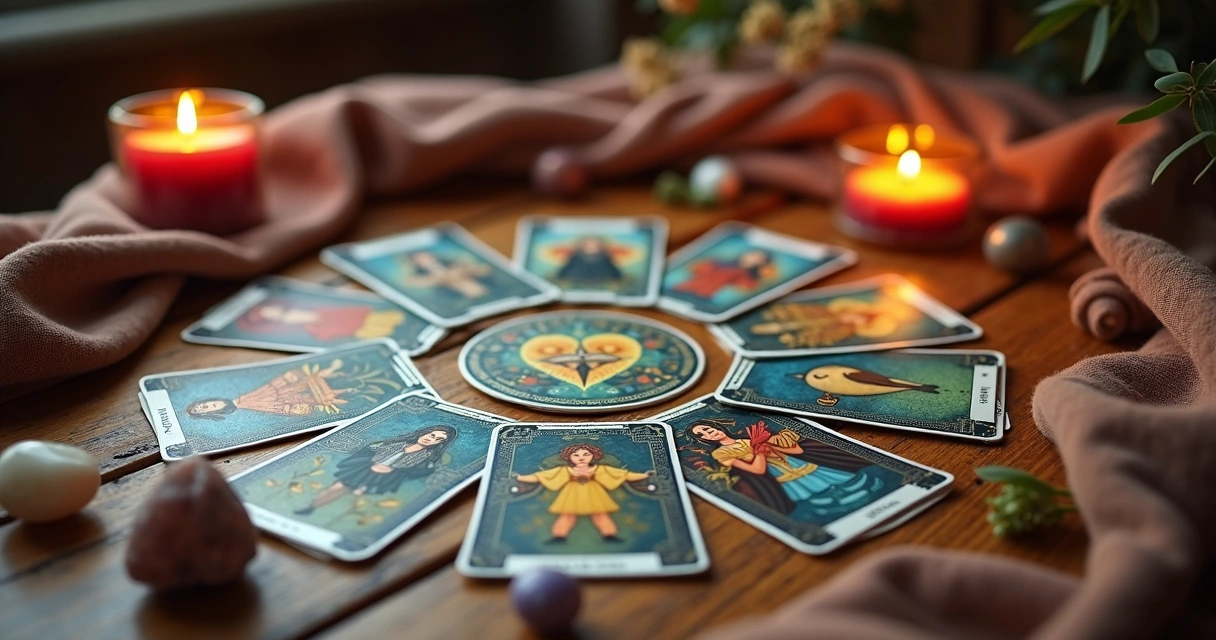 Cartas do baralho cigano dispostas em formato circular sobre uma mesa de madeira com decoração mística ao redor