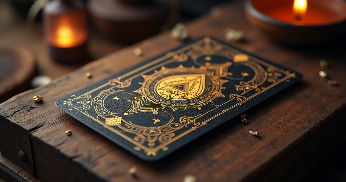 Carta de advertência do baralho cigano sobre fundo de madeira com símbolos místicos