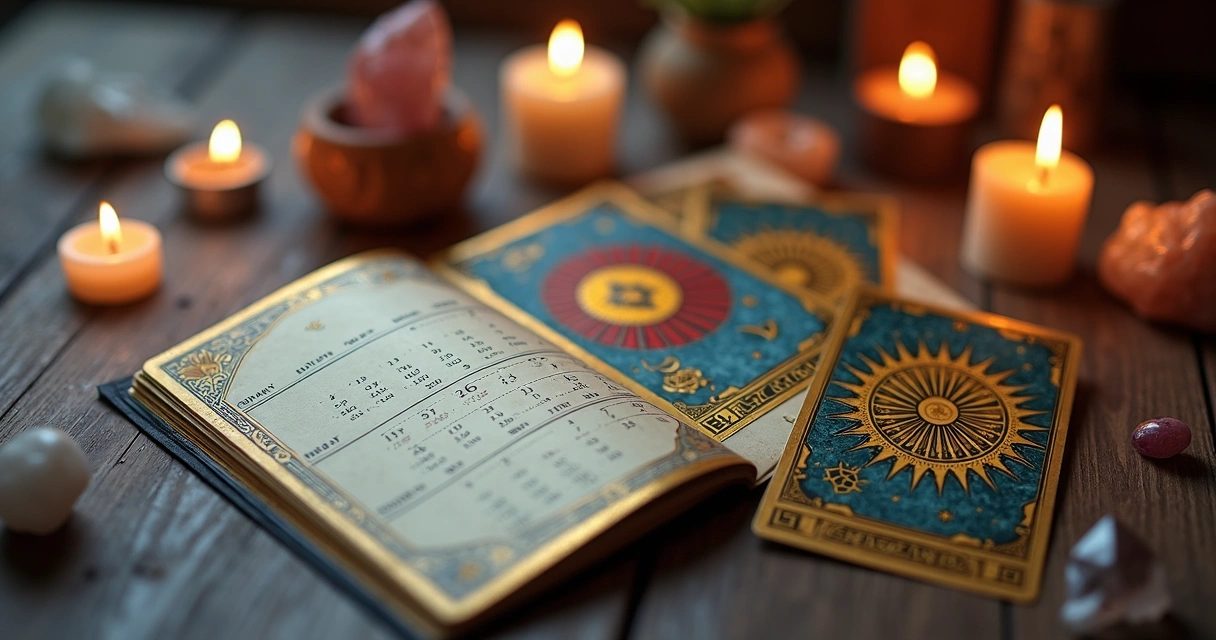 Cartas de tarot dispostas sobre um calendário de 2026 com datas marcadas em destaque