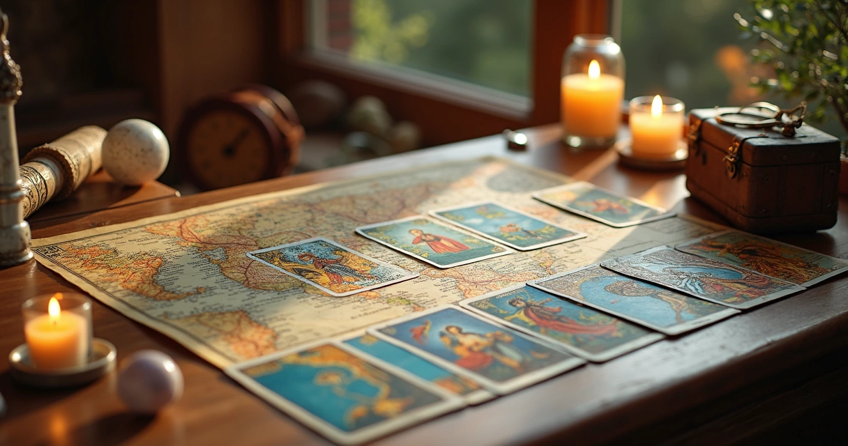 Mesa com cartas de tarot abertas ao lado de um mapa e objetos místicos para consulta de viagem