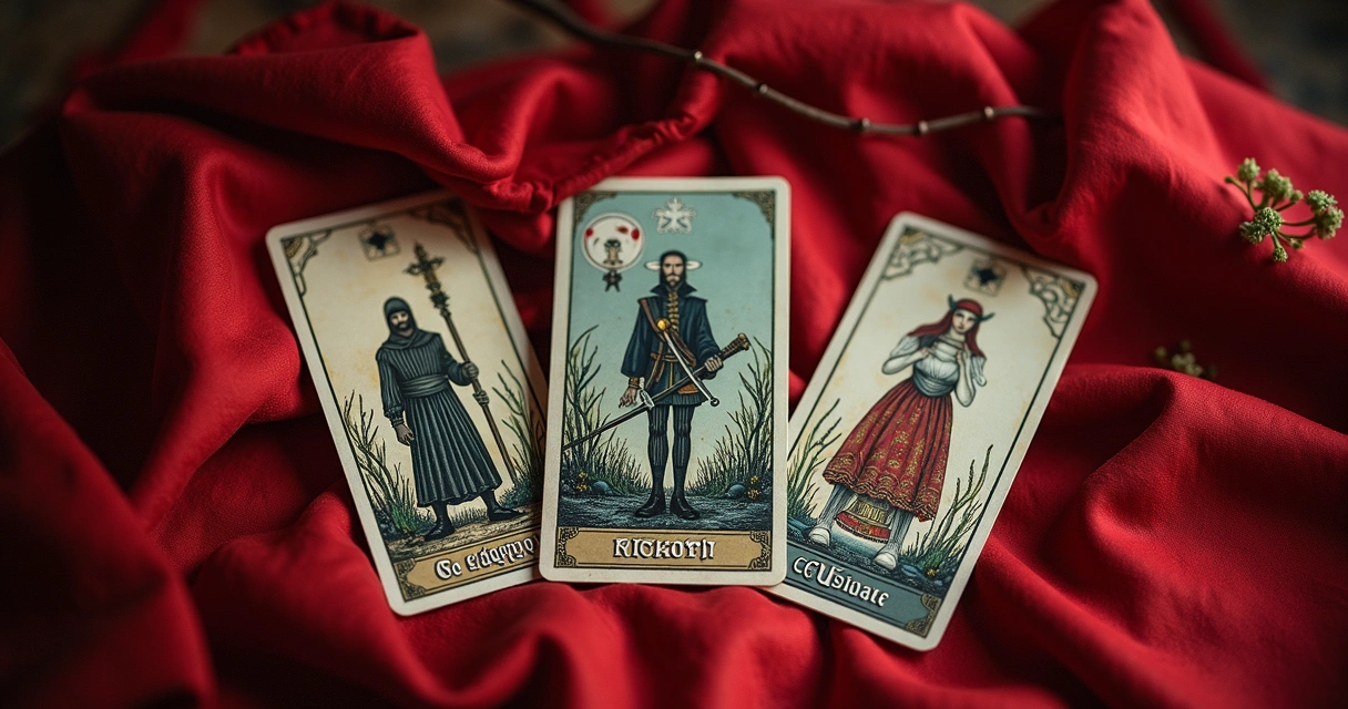 Cartas de tarot antigas e misteriosas dispostas sobre mesa de madeira escura com velas acesas ao redor