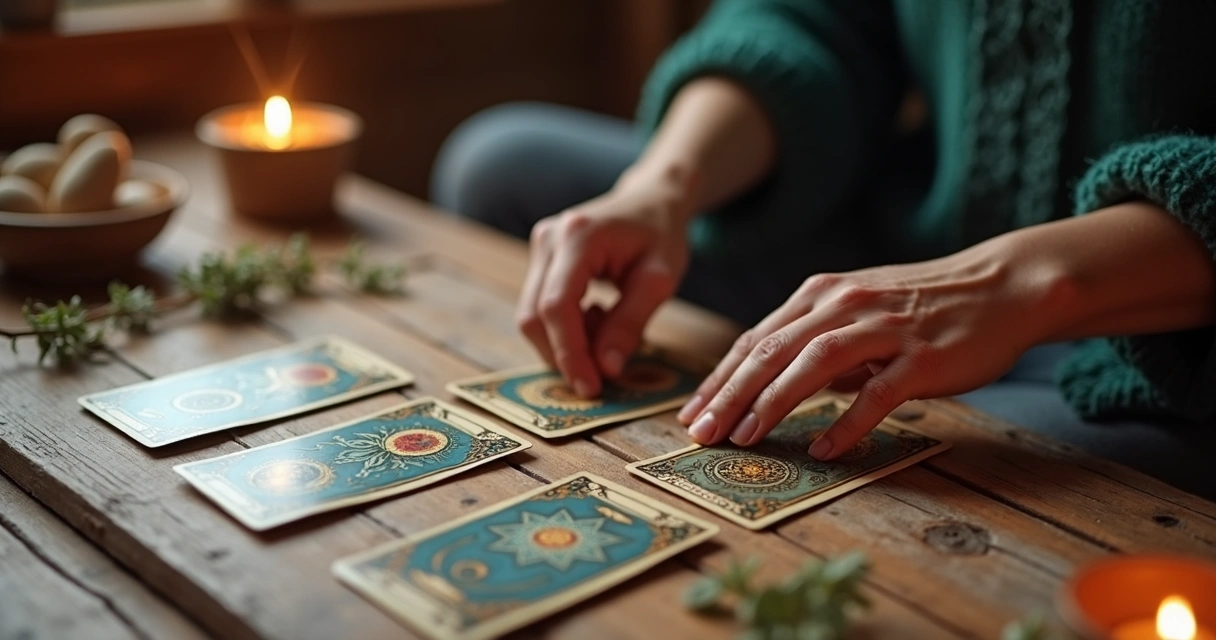 Mãos limpando cartas de tarot sobre mesa de madeira com luz suave e ambiente tranquilo