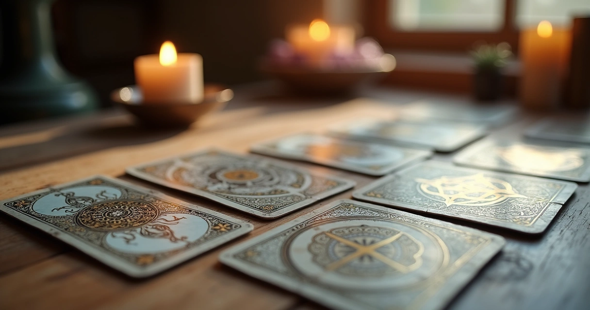 Cartas de tarot repetidas dispostas sobre uma mesa de madeira clara, iluminadas por luz suave, com símbolos esotéricos ao fundo