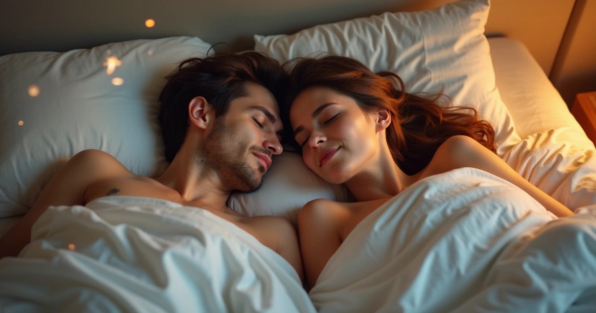 Casal deitado lado a lado com olhos fechados, compartilhando sonhos em ambiente íntimo e acolhedor