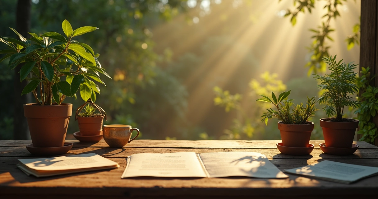 Mesa ao ar livre com cartas de oráculo, plantas em volta e velas acesas durante o dia