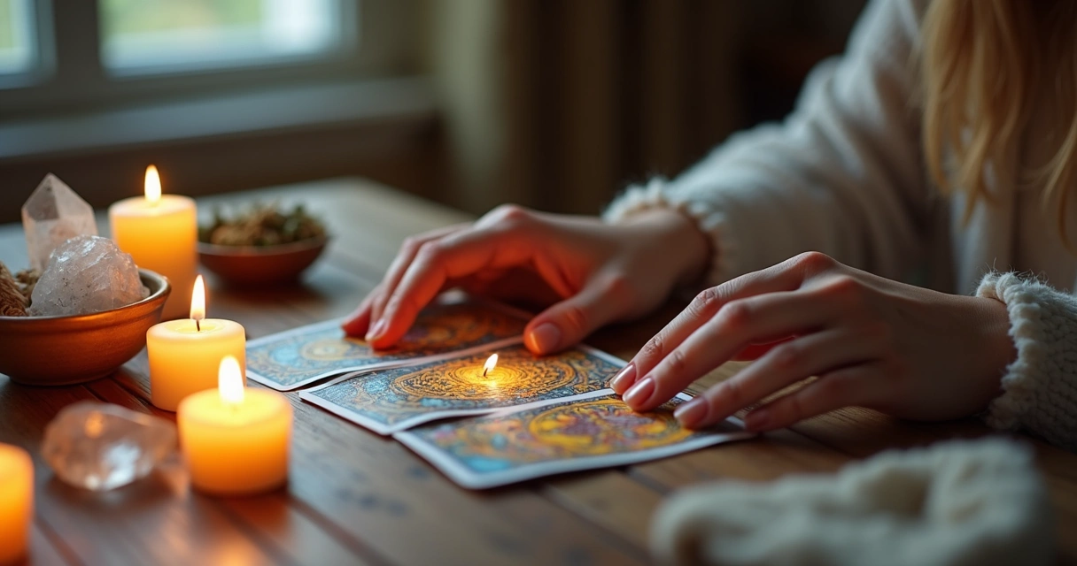 Mãos femininas segurando cartas de tarot iluminadas em ambiente tranquilo com velas acesas e cristais ao redor