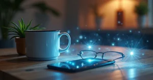 Vários objetos cotidianos sobre mesa de madeira com aura energética visível mostrando energia estagnada em tons azuis e cinzas