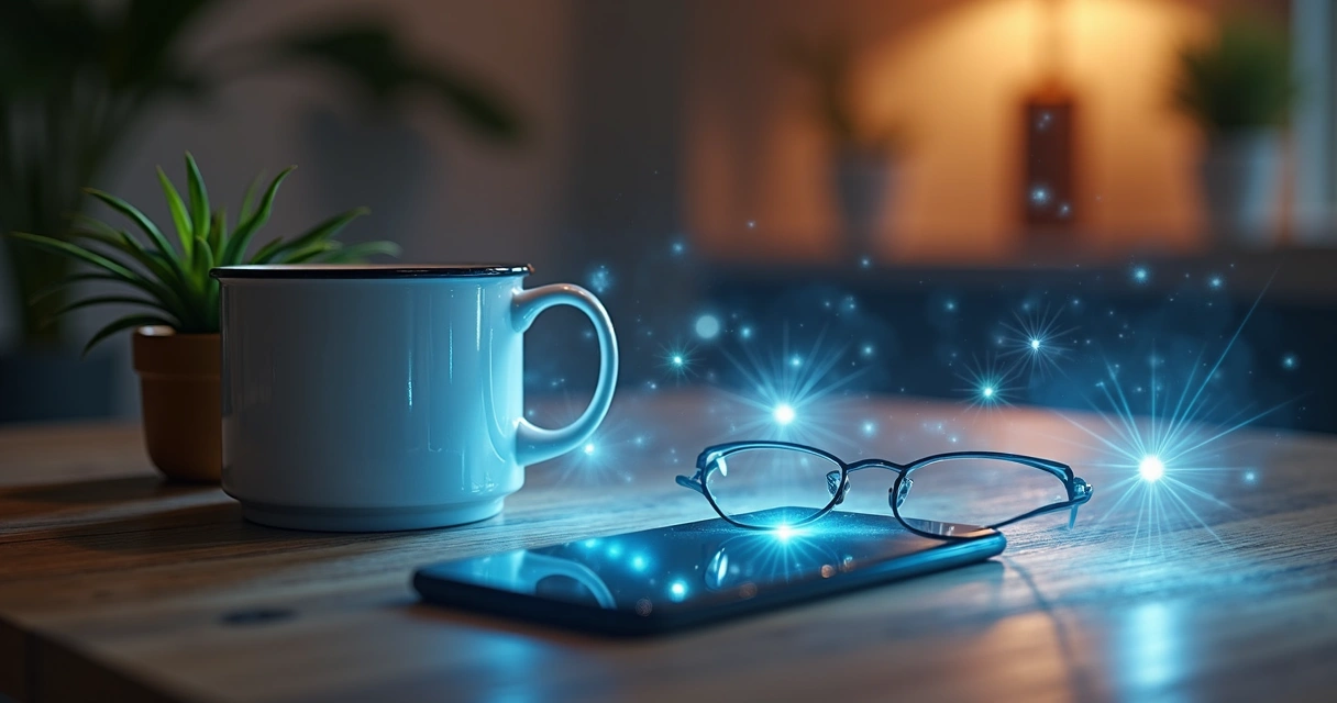 Vários objetos cotidianos sobre mesa de madeira com aura energética visível mostrando energia estagnada em tons azuis e cinzas