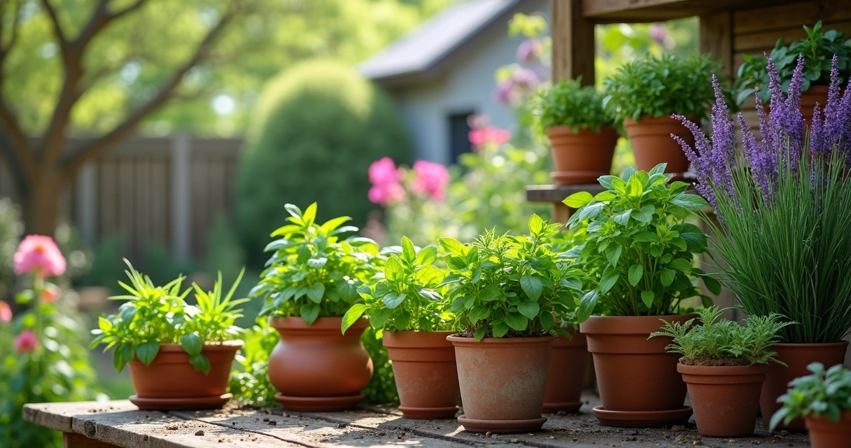 Diversas ervas frescas em vasos no quintal iluminado pelo sol da manhã