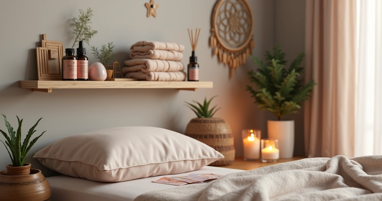 Espaço pequeno e aconchegante de autocuidado em quarto com almofadas, velas e plantas