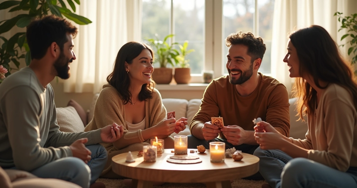 Família reunida sorridente em círculo, celebrando um ritual de gratidão com itens espirituais em uma sala iluminada e acolhedora