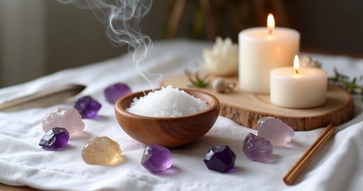 Objetos espirituais para limpeza energética com cristais, incenso aceso e velas sobre tecido branco